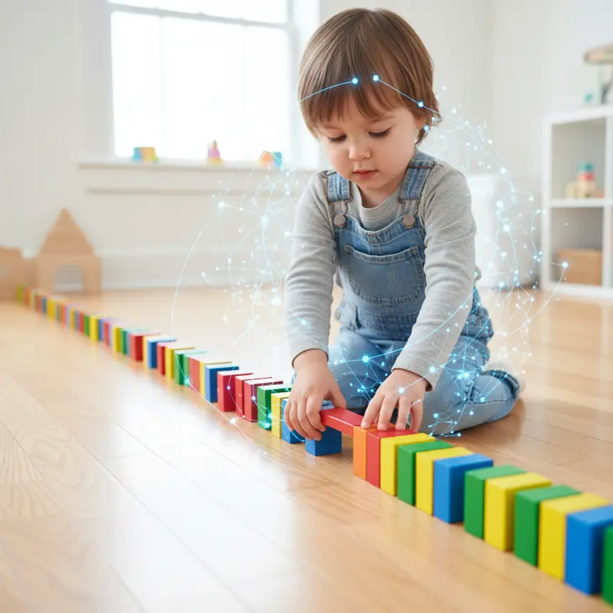 Child playing with blocks, neural network glow