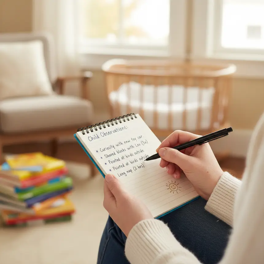 Parent's observation notes, notebook and pen