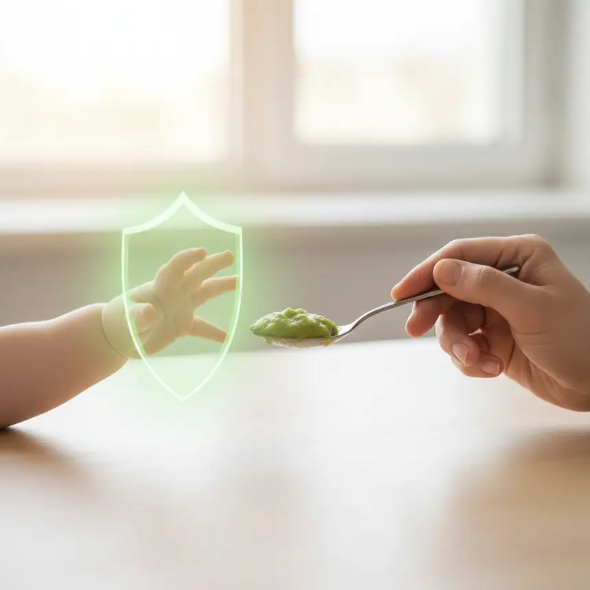 Baby eating solids, observing baby's reaction