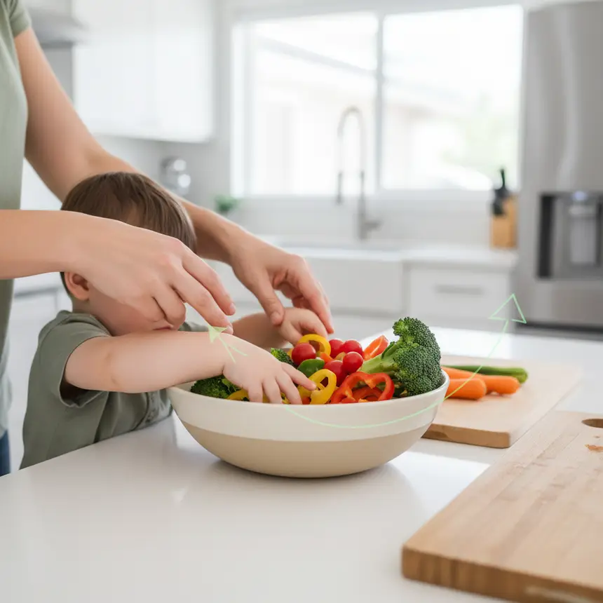 Cooking with child, preparing healthy meal